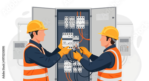 Two electricians working on electrical panel installation.