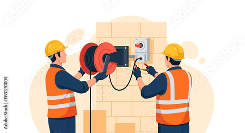 Two electricians working together on electrical panel installation.