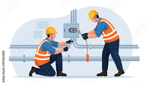 Two electricians working together on electrical panel installation.