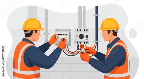 Two electricians working together on electrical panel wiring.
