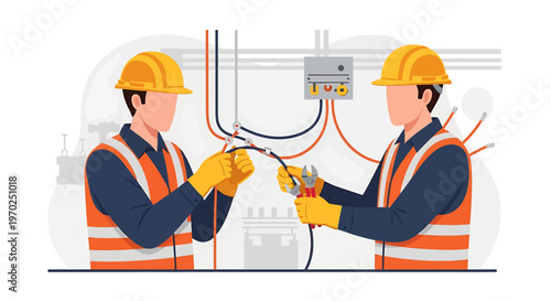 Two electricians working together on electrical wiring installation.