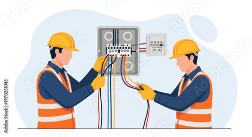 Two electricians working together on electrical panel wiring.
