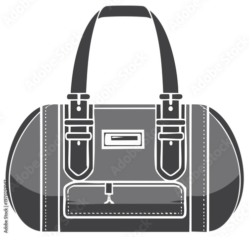 Stylized monochrome duffel bag with handles and pockets for travel and sports gear