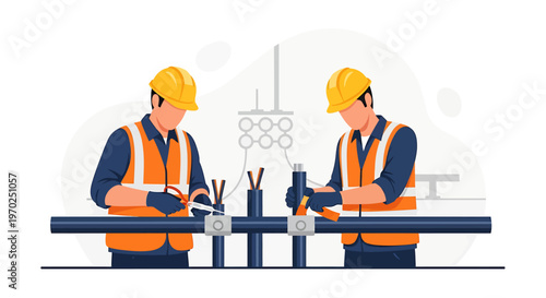 Two electricians working together on electrical wiring installation.