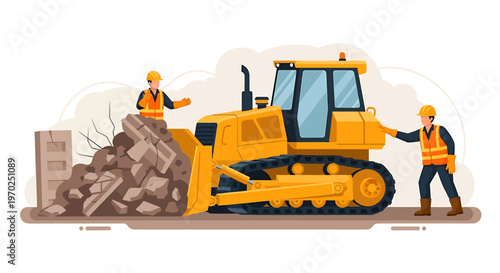 Yellow bulldozer clearing debris with construction workers.