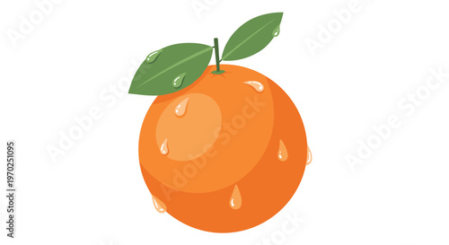 A fresh whole orange with two green leaves is covered in glistening translucent water droplets that emphasize its refreshing and juicy appearance.