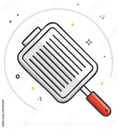 Hand drawn illustration of a square grill pan with red handle for cooking food