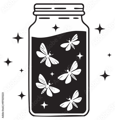 Fireflies in a Jar Illustration Midnight Magic Vector Black and White Design