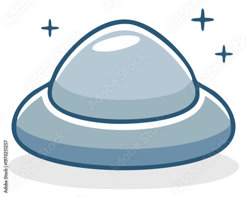 A simple and cute cartoon illustration of a shiny blue flying saucer or alien spaceship with sparkles