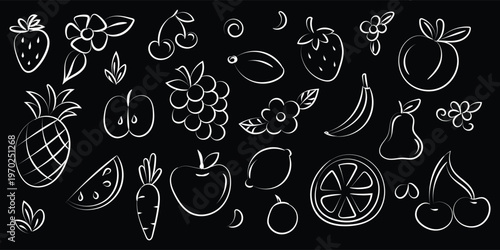 Minimal fruit line art icons white outline on black background, hand drawn doodle food set modern clean illustration collection