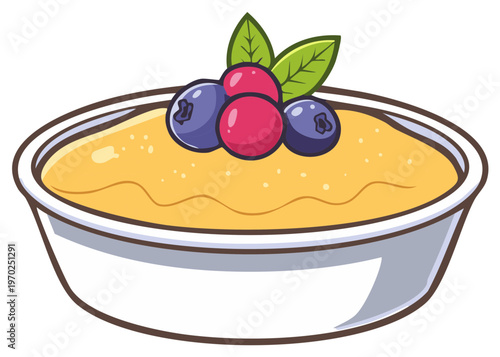 Cartoon illustration of a bowl of fruit porridge with fresh berries and leaves.