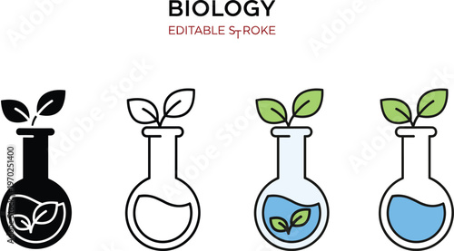 Biology icon set featuring laboratory flask with growing plant leaves in editable stroke line art and flat color vector styles.