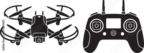 Black silhouette icons of a modern drone with propeller guards and its remote controller, isolated on white background, representing aerial photography and remote-controlled flight technology.