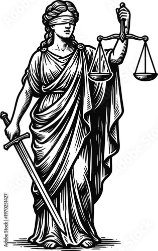 Lady Justice Blindfolded Holding Scales and Sword Vector Illustration for Law Legal System Courtroom Justice Equality Fairness Concept Icon Isolated on White Background