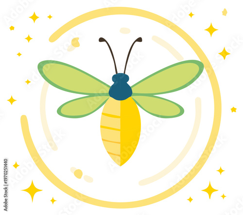 Stylized cartoon firefly glowing with magical light, surrounded by sparkling stars and a yellow circle