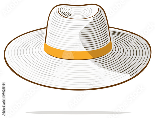 Elegant white straw sun hat with golden ribbon summer accessory illustration