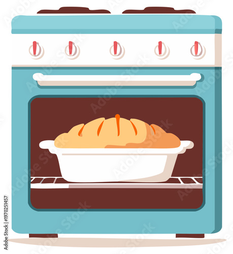 Baked pie in a casserole dish inside a vintage turquoise stove oven, warm kitchen interior