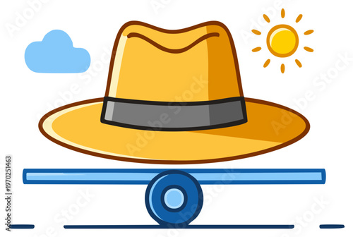 Cartoon Illustration featuring a Fedora Hat, Cloud, Sun, and Blue Roller, creating an imaginative and whimsical design