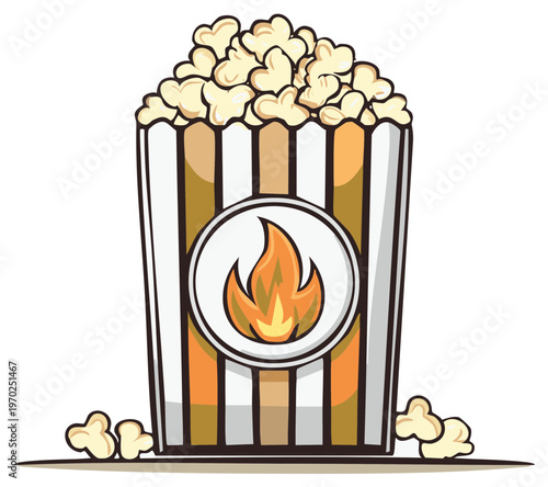 Popcorn Bucket with Flame Logo, Cartoon Illustration