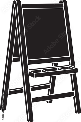 Black silhouette icon of a classic wooden artist's easel with a tray, perfect for painting and drawing in a studio or classroom setting.