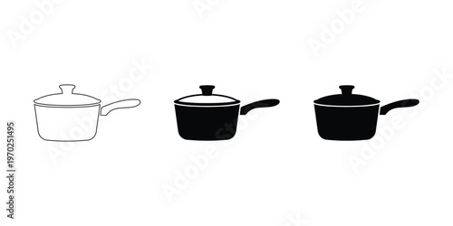 Black and white saucepan icons in different styles and colors