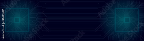 Symmetrical wide banner with glowing teal microchips on a dark blue background. Abstract digital illustration of a computer circuit board, representing technology, data, and AI. Ample copy space