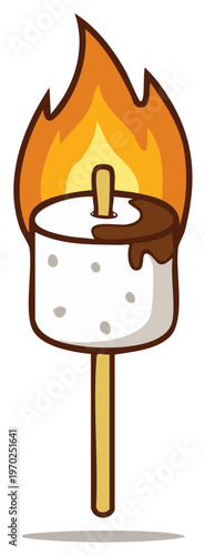 Cartoon marshmallow on stick being toasted over a fire with melted chocolate drippings