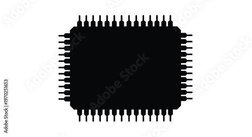 Black computer chip with numerous pins depicted as a stark silhouette