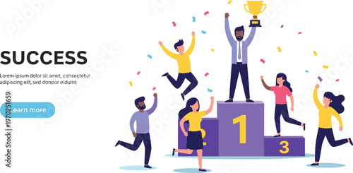 Business success vector illustration with diverse team celebrating achievement on a podium with a gold trophy and falling colorful confetti.