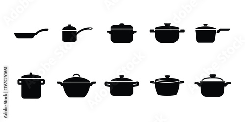 Kitchen cookware icon set, Minimalist pots and pans vector collection for culinary, Recipe, and restaurant design