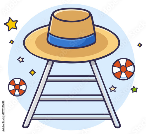 Lifeguard chair with sun hat, beach safety rings and stars in a cartoon illustration