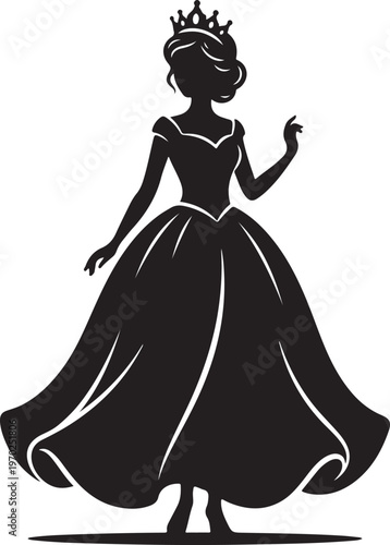 Elegant princess silhouette in a flowing gown with a crown, embodying royalty, fairy tales, and dreams.