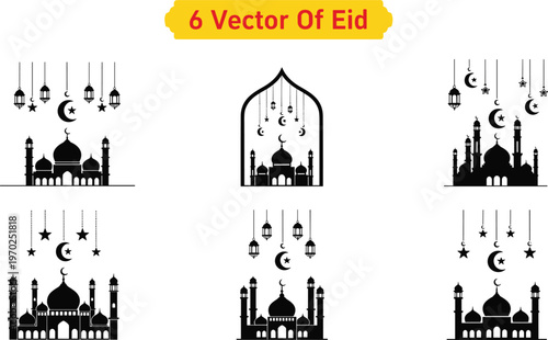 Eid Mubarak vector set featuring mosque silhouettes with hanging lanterns stars and crescent moon symbols in black minimalist line style.