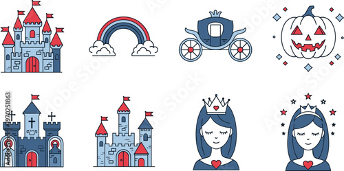 Fairytale Magic Icon Set with Royal Castle, Princess, Cinderella Carriage, Rainbow, and Halloween Pumpkin Vector Illustration for Storybook Graphic Design Projects