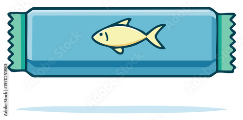 Cartoon fish snack packaging with blue and green wrapper design