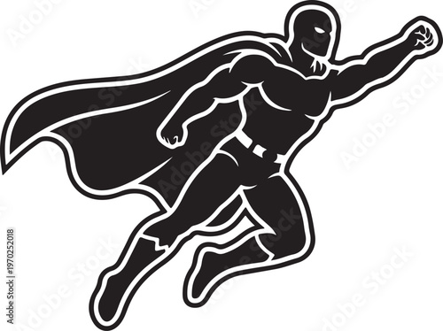 Striking black silhouette of a generic powerful superhero in a classic pose, flying with a flowing cape.