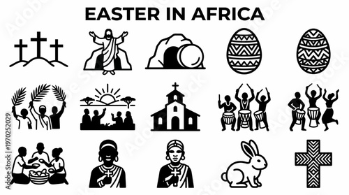 Easter in Africa Icons: Jesus, Crosses, Eggs, Church, Celebration