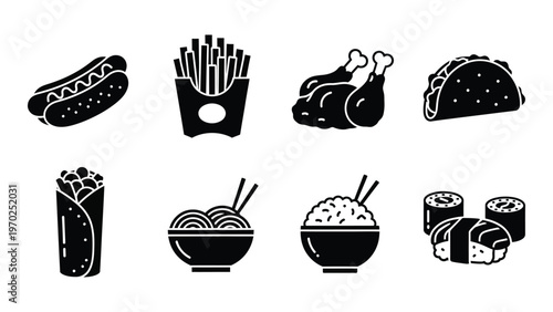 A collection of fast food items including hotdogs fries tacos and sushi in a stark black silhouette high quality professional detailed