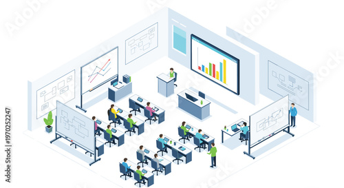 An isometric illustration displays a spacious classroom with students at desks, instructors, large screens, and whiteboards.