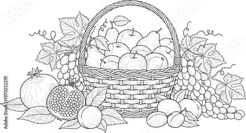 Vintage Hand Drawn Fruit Basket Vector Illustration Featuring Apples Pears Grapes and Pomegranates Isolated on White Background for Farm Fresh Organic Food Branding and Harvest Festival Design