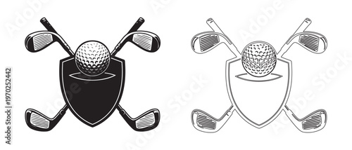 Hand drawn illustration of golf ball with crossed golf clubs forming a shield emblem isolated on transparent background