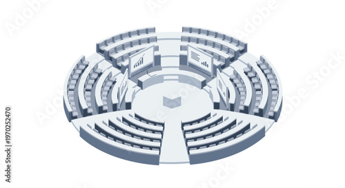 An isometric illustration shows a circular auditorium with tiered rows of empty seats facing a central stage with three screens.