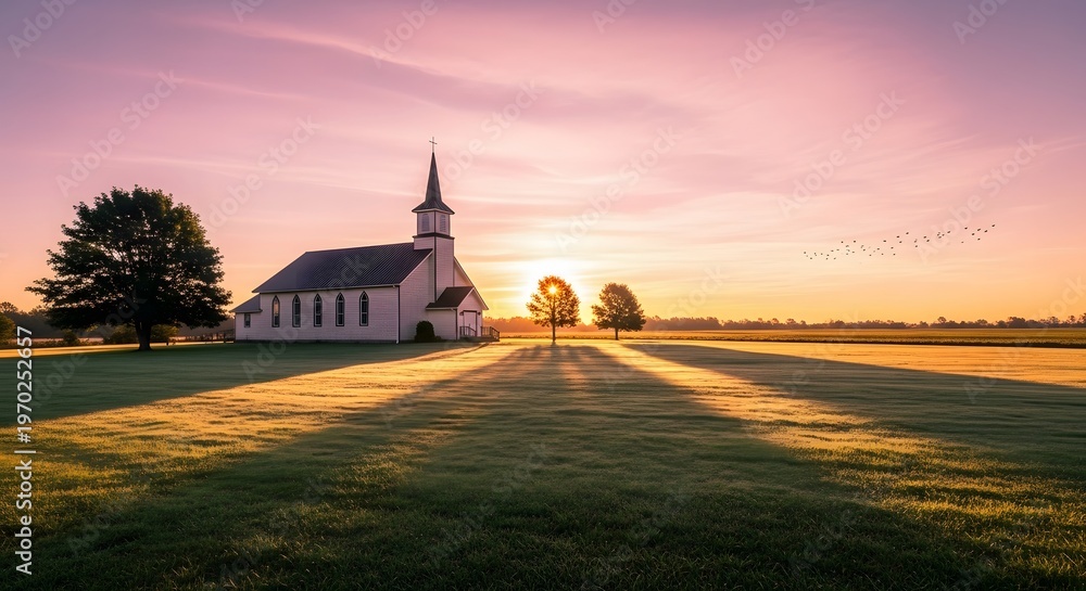 Naklejka premium Small rural church in golden sunrise light casting long shadows across field.