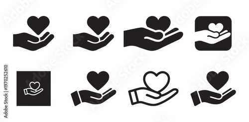 Hands holding heart symbol flat vector icons set representing charity love and care concept