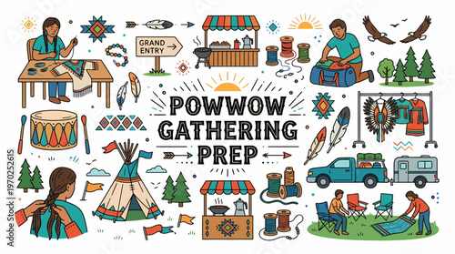 Powwow Gathering Prep - Native American Culture Illustration