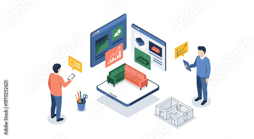 Isometric Virtual Furniture Shopping and Interior Design App Concept