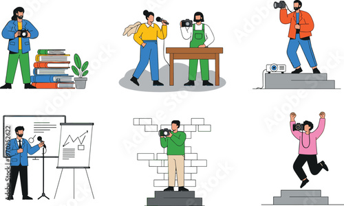 Set of professional photographers and public speakers character illustrations for media journalism and corporate presentation creative business marketing design concepts