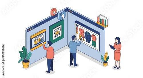 Sustainability storytelling and digital retail isometric illustration