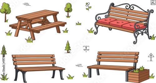 Collection of Wooden Garden Fences and Decorative Gate Vectors with Green Grass and Foliage Elements Isolated on White Background for Backyard Landscaping and Residential Exterior Design