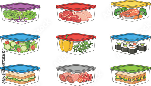 Food storage containers illustration with colorful lids and diverse meals showing organization and meal preparation concept